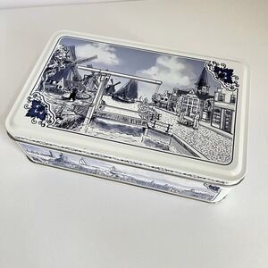 Pretty Dutch Blue and White Biscuit Tin from Holland Faux Delft windmill EUC 5x8
